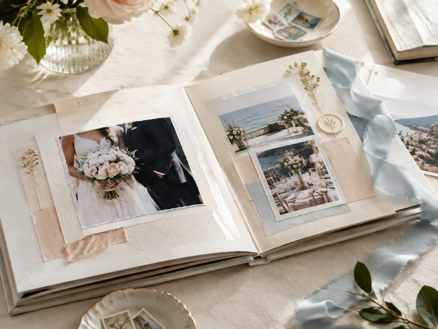 Open handmade wedding scrapbook with layered photographs and ribbon